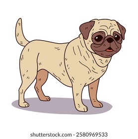 Cute pug dog standing cartoon style. Adorable pet with expressive eyes and wrinkled face on white background. Perfect for pet-themed designs and products