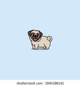 Cute pug dog with sunglasses cartoon, vector illustration