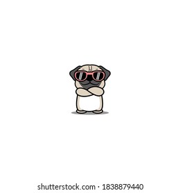 Cute pug dog with sunglasses crossing arms cartoon, vector illustration