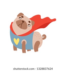 Cute Pug Dog in Superhero Costume, Funny Friendly Animal Pet Character Vector Illustration