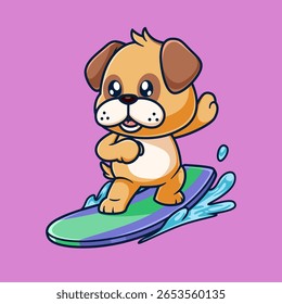 Pug Dog bonito surfar na praia Desenho animado de ilustração