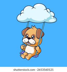Pug Dog bonito Swing On Cloud desenho animado de ilustração