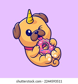 Cute Pug Dog Unicorn Eating Donut Cartoon Vector Icon Illustration. Animal Food Icon Concept Isolated Premium Vector. Flat Cartoon Style