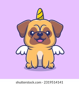 Cute Pug Hund Einhorn mit Wings Cartoon Vektorsymbol Illustration. Tiernatur-Symbol Konzept isolierter Premium-Vektorgrafik. Flachbildkartonstil