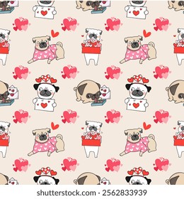 Cute pug dog Valentine's day seamless pattern, scene is cheerful and festive. Design texture ideal for printing fabric and paper.