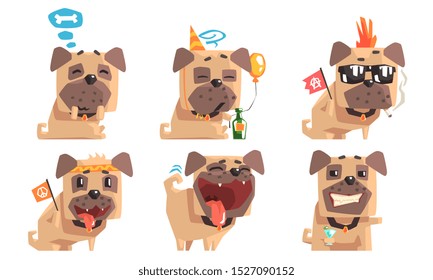 Cute Pug Dog with Various Emotions Set, Adorable Funny Animal Cartoon Character in Different Situations Vector Illustration