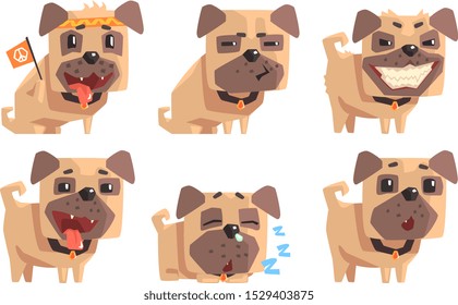 Cute Pug Dog with Various Emotions Set, Funny Animal Cartoon Character Vector Illustration