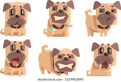 Cute Pug Dog with Various Emotions Set, Funny Animal Cartoon Character in Different Situations Vector Illustration