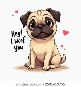 Cute Pug Dog Vector Illustration Typography Saying Hey I Woof You, T-shirt design Pug Lovers Posters