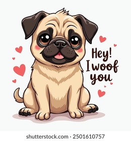 Cute Pug Dog Vector Illustration Typography Saying Hey I Woof You, T-shirt design Pug Lovers Posters