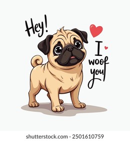 Cute Pug Dog Vector Illustration Typography Saying Hey I Woof You, T-shirt design Pug Lovers Posters