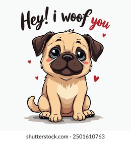 Cute Pug Dog Vector Illustration Typography Saying Hey I Woof You, T-shirt design Pug Lovers Posters