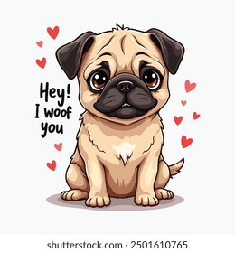 Cute Pug Dog Vector Illustration Typography Saying Hey I Woof You, T-shirt design Pug Lovers Posters