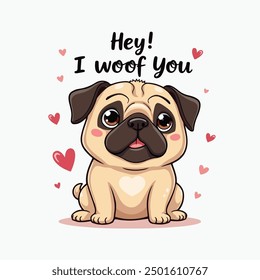 Cute Pug Dog Vector Illustration Typography Saying Hey I Woof You, T-shirt design Pug Lovers Posters