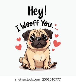 Cute Pug Dog Vector Illustration Typography Saying Hey I Woof You, T-shirt design Pug Lovers Posters