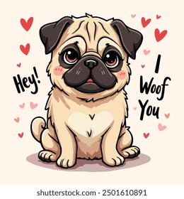 Cute Pug Dog Vector Illustration Typography Saying Hey I Woof You, T-shirt design Pug Lovers Posters