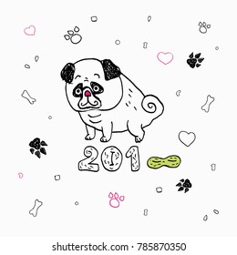 Cute pug dog a vector illustration, a hand drawing and minimalistic symbol New Year Card 2018
