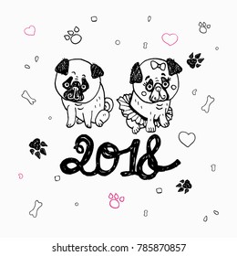 Cute pug dog a vector illustration, a hand drawing and linoprint minimalistic symbol New Year Card 2018