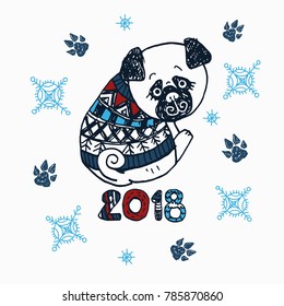 Cute pug dog a vector illustration, a hand drawing and linoprint minimalistic symbol New Year Card 2018