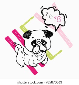 Cute pug dog a vector illustration, a hand drawing and linoprint minimalistic symbol New Year Card 2018
