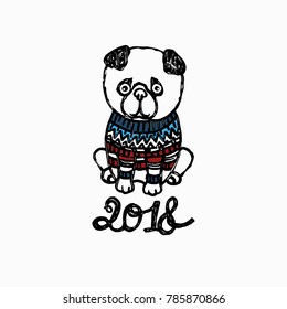 Cute pug dog a vector illustration, a hand drawing and linoprint minimalistic symbol New Year Card 2018