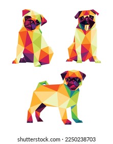 Cute Pug Hund Vector Set in buntem Low-Poly-Polygonal. Sitting Pug Hund Symbol in abstraktem bunter Logo. Farbige Vektorgrafik der Pug-Hunde-Kollektion