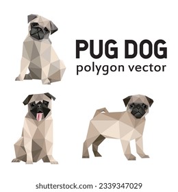 Cute Pug Dog Vector Set in low poly polygonal. Sitting Pug Dog Icon in abstract logo. Vector abstract of pug dog collection