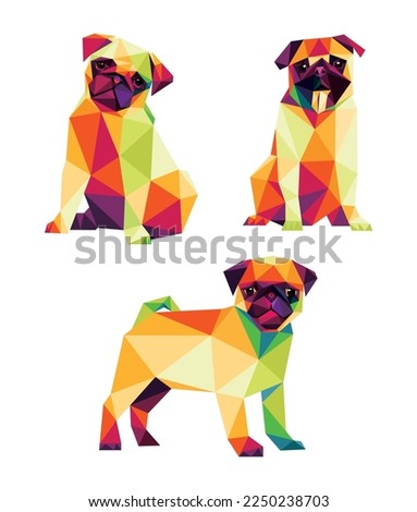 Cute Pug Dog Vector Set in Colorful low poly polygonal. Sitting Pug Dog Icon in abstract colorful logo. Colorful Vector abstract of pug dog collection