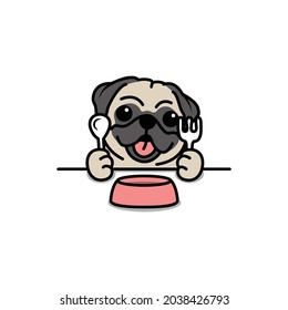 Cute pug dog waiting for food cartoon, vector illustration