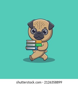 cute pug dog walking and bring some books
