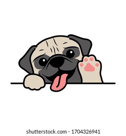 Cute pug dog waving paw cartoon, vector illustration