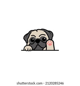 Cute pug dog waving paw cartoon, vector illustration