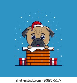 Cute pug dog wearing christmas hat and scarf out of the chimney