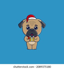 Cute pug dog wearing christmas hat and scarf holding gift box