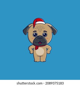 Cute pug dog wearing christmas hat and scarf