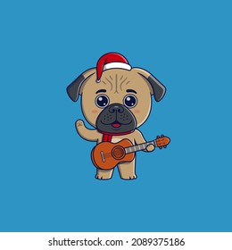 Cute pug dog wearing christmas hat and scarf playing guitar