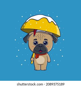 Cute pug dog wearing christmas hat and scarf holding umbrella