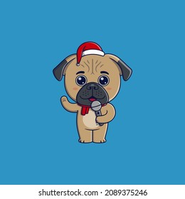 Cute pug dog wearing christmas hat and scarf singing