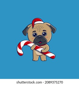 Cute pug dog wearing christmas hat and scarf hugging candy