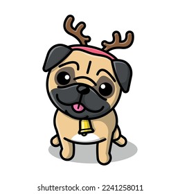 A CUTE PUG DOG IS WEARING A CHRISTMAS COSTUME CARTOON ILLUSTRATION
