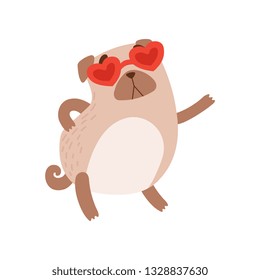 Cute Pug Dog Wearing Heart Shaped Glasses, Funny Friendly Animal Pet Character Vector Illustration