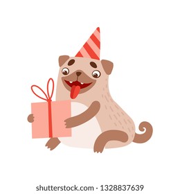 Cute Pug Dog Wearing Party Hat Sitting on Floor with Gift Box, Funny Friendly Animal Pet Character Vector Illustration