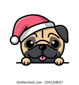 A CUTE PUG DOG IS WEARING SANTA HAT AND PEEKING UP OVER THE WALL
