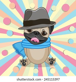 Cute Pug Dog wearing a scarf and hat on a colored background 