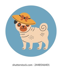 Cute pug dog wearing summer hat accessory with bow. Smiling happy cartoon puppy with headwear on circle background. Summertime pet vector illustration