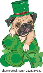 El Perro De Pug Cuto Lleva Sombrero Verde En El Vestuario De Leprechaun Con Atractivo Afortunado