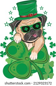 Cute Pug Dog Wears Green Hat In Leprechaun Costume With Lucky Clover