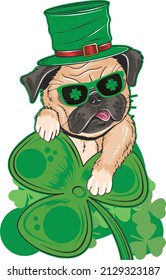 Cute Pug Dog Wears Green Hat In Leprechaun Costume With Lucky Clover