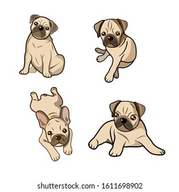 Cute pug dogs in different situations. Humor set, hand drawn style print. Vector illustration.