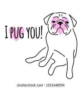 Cute pug. Dogs with hearts. Can be used for t-shirt print, kids wear fashion design, baby shower invitation card.